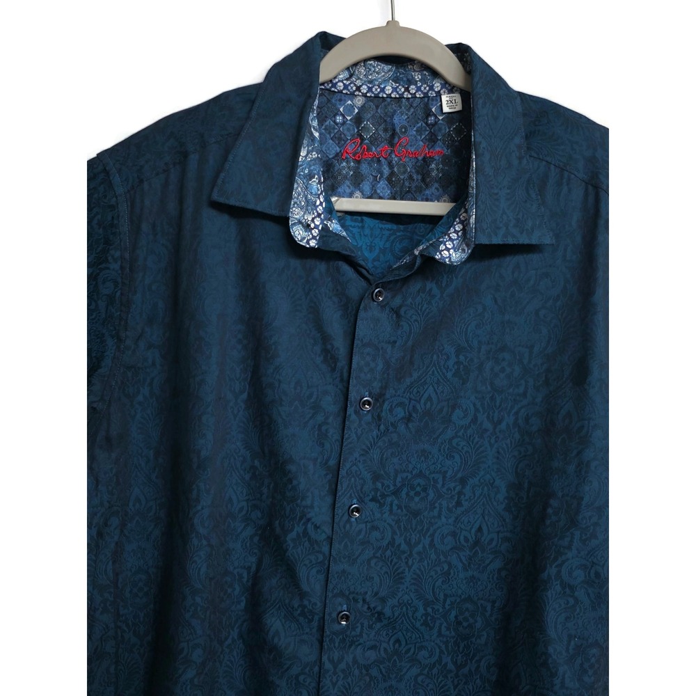 Robert Graham Mens 2XL Classic Fit Teal Blue Paisley Damask Short Sleeve Shirt